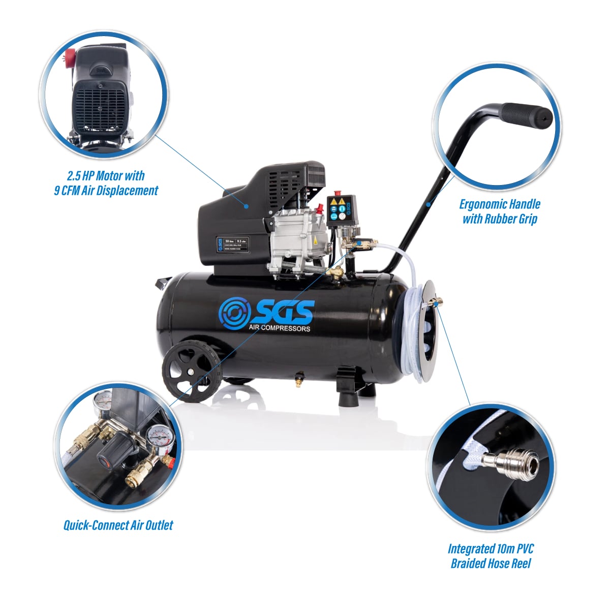 SGS 50 Litre Direct Drive Air Compressor + Hose Reel | 9.5 CFM | 2.5 HP | 116 PSI